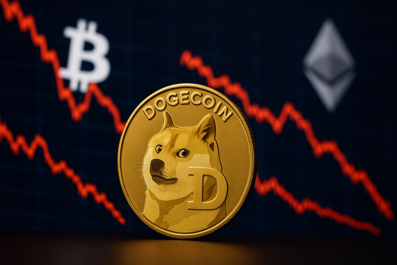 Una moneta di Dogecoin poggiata di taglio su un piano. Sullo sfondo grafici finanziari e simboli di criptovalute
