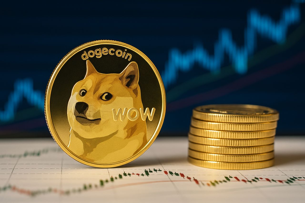 Una moneta di Dogecoin poggiata di taglio su delle carte con dei grafici finanziari. Un grafico finanziario sullo sfondo in toni di blu