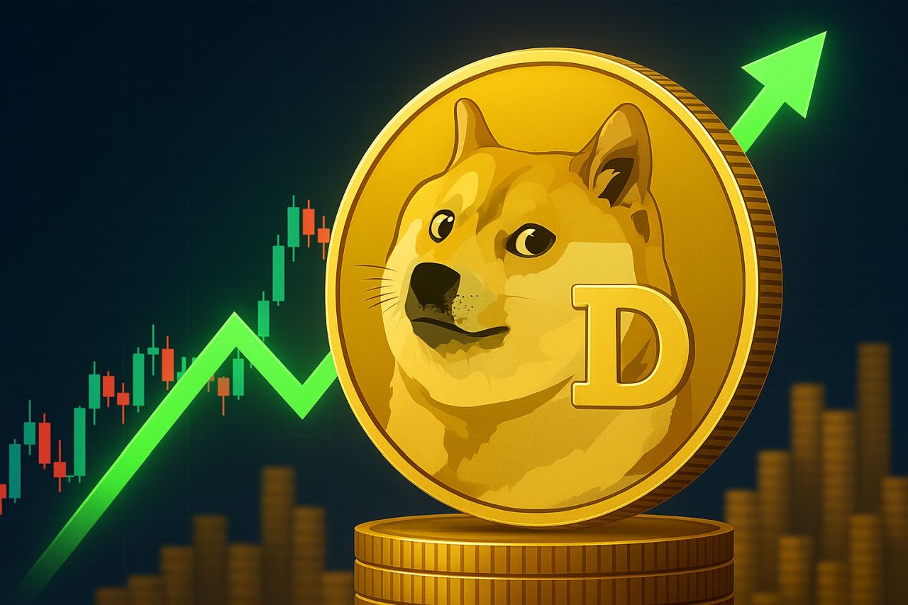 Una moneta di Dogecoin con un grafico a candele sullo sfondo insieme a una freccia verde verso l'alto