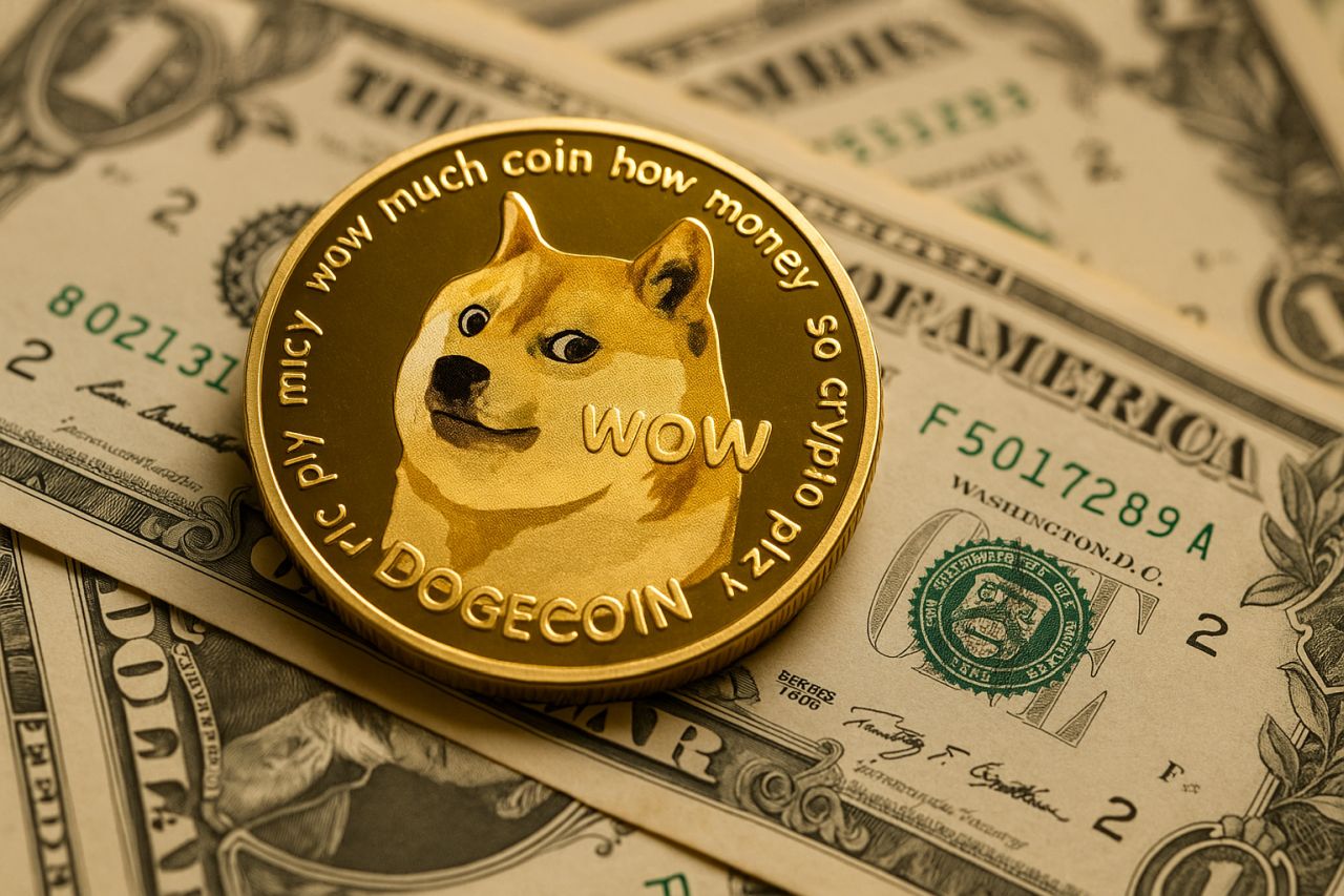 Una moneta di Dogecoin con delle banconote in dollari sullo sfondo