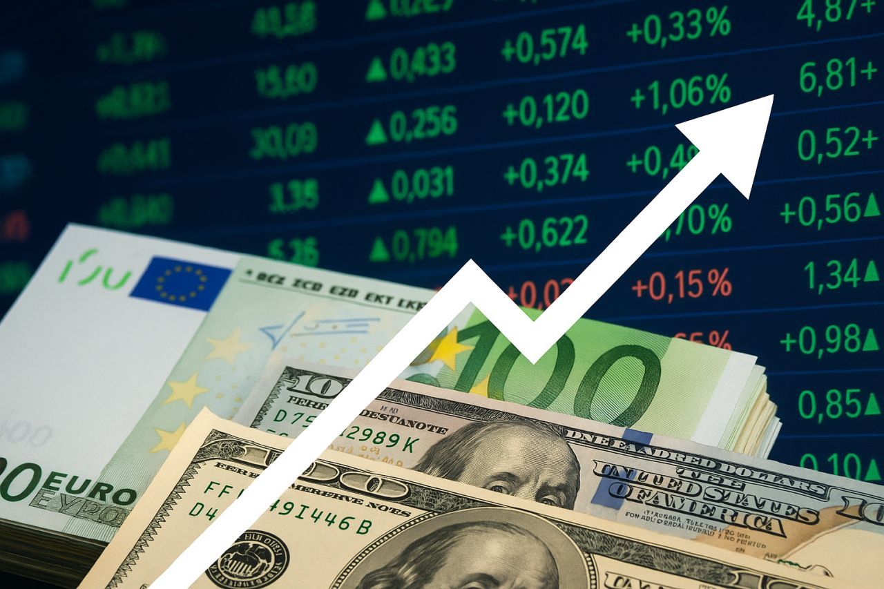 banconote di dollari ed euro con una freccia bianca verso l'alto in sovrimpressione e delle cifre su un tabellone sullo sfondo