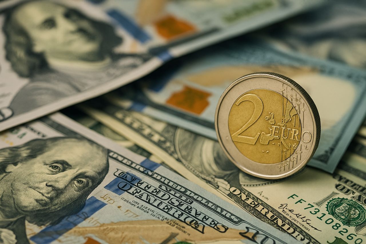 Una moneta da 2 euro con svariate banconote in dollari sullo sfondo