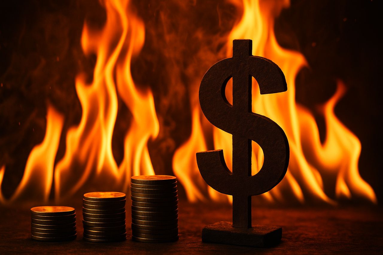 Il simbolo del dollaro e delle monetine accanto ad esso con delle fiamme sullo sfondo