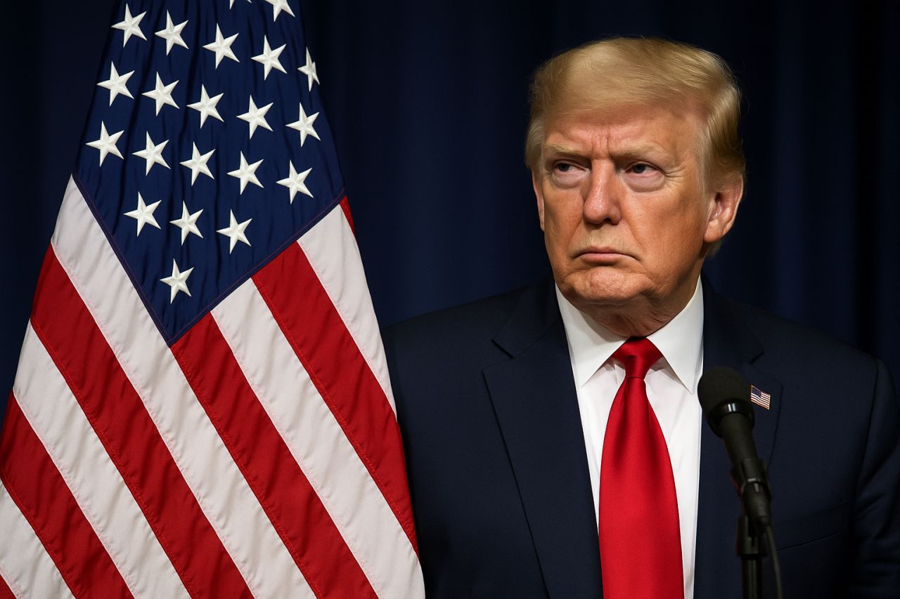 Primo piano di Donald Trump con la bandiera degli USA accanto