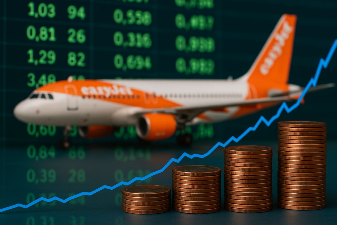 Un grafico finanziario in rialzo con delle monetine disposte in pile crescenti e sullo sfondo un aereo di linea Easyjet