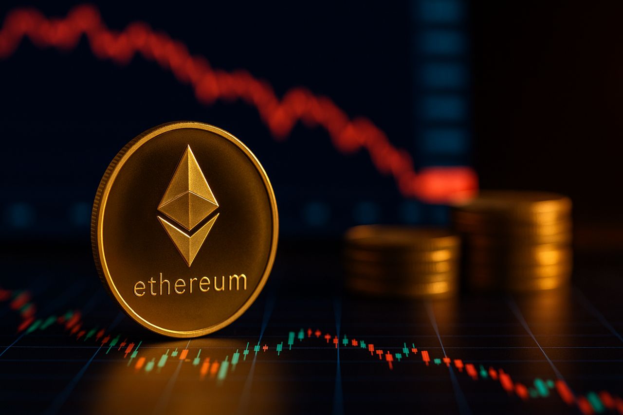 Una moneta di Ethereum su un piano lucido con dei grafici finaziari sullo sfondo