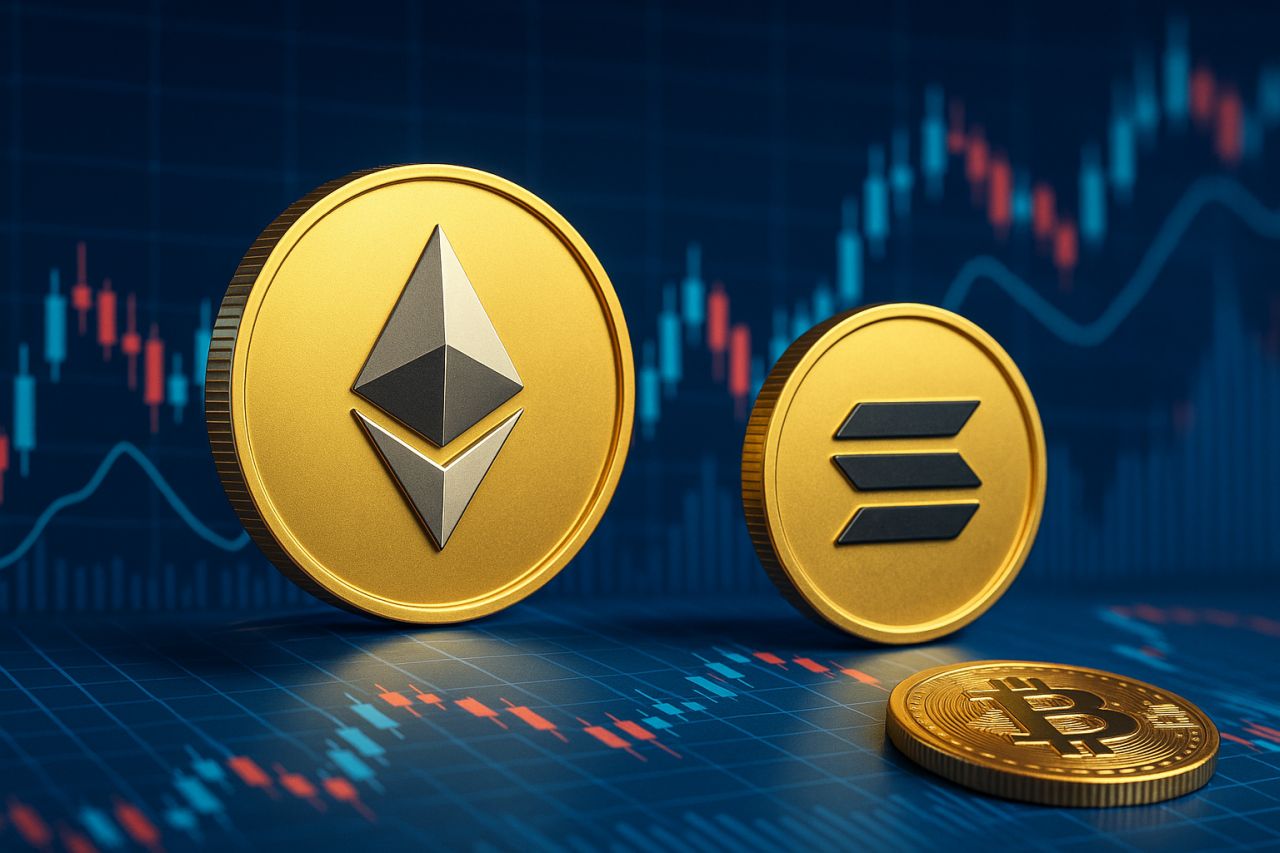Una moneta di Ethereum e una di Solana con un grafico a candele sullo sfondo