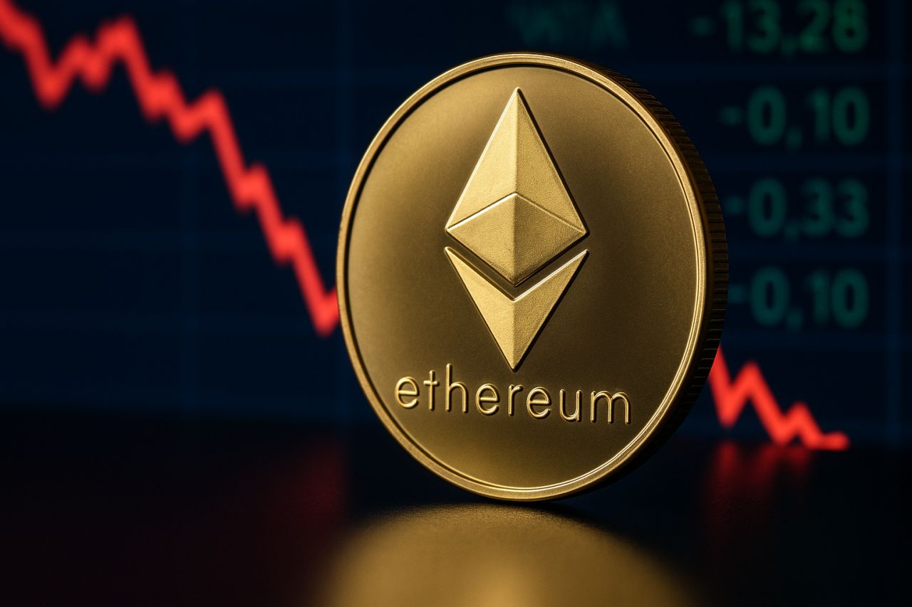 Una moneta di Ethereum con un grafico in rosso sullo sfondo