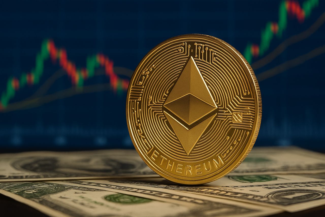 Una moneta di Ethereum poggiata di taglio su alcune banconote e un grafico a candele sullo sfondo