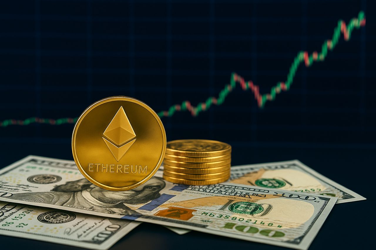 Alcune monete di Ethereum poggiate su delle banconote in dollari. Sullo sfondo un grafico a candele
