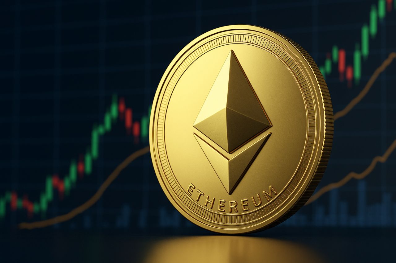 Una moneta con il simbolo di Ethereum e un grafico a candele sullo sfondo