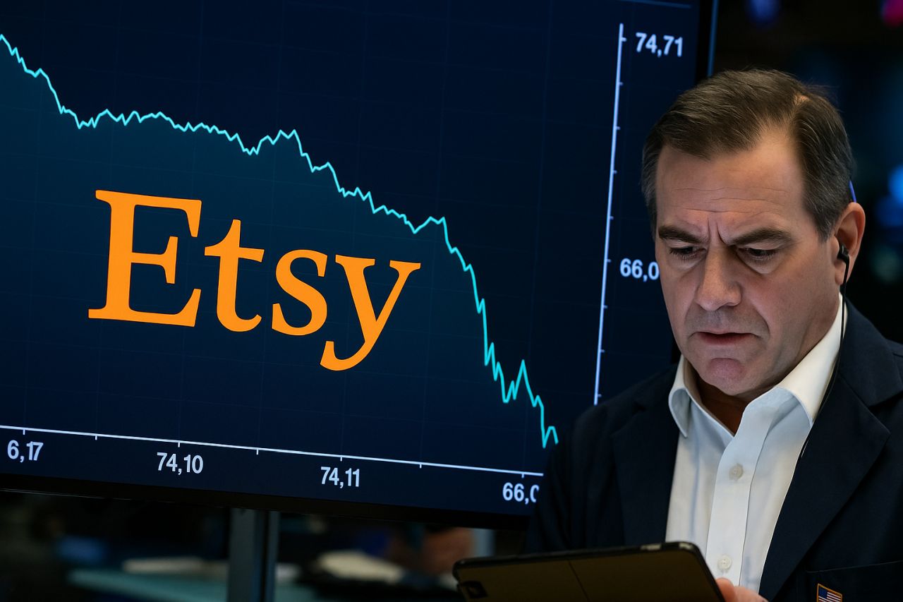 Primo piano di un uomo di mezza età con un grafico alle sue spalle e la scritta Etsy