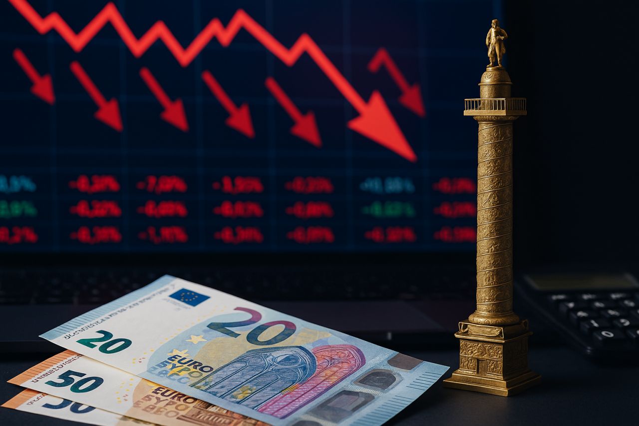 delle banconote in euro su un piano. Un grafico finanziario in discesa sullo sfondo