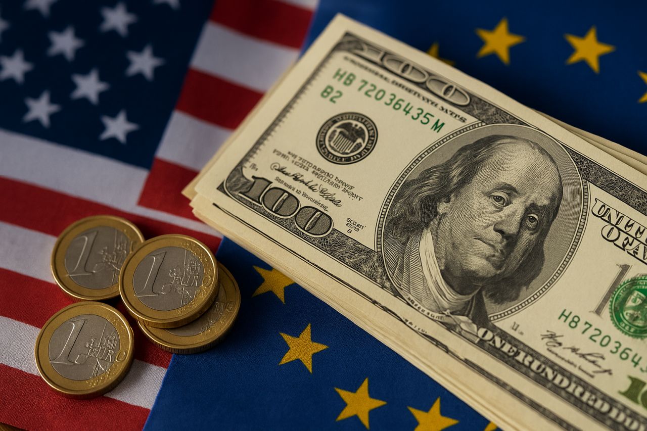 alcune banconote in dollari a destra e delle monete da 1 euro a destra. Sullo sfondo parte delle bandiere di Usa e Ue