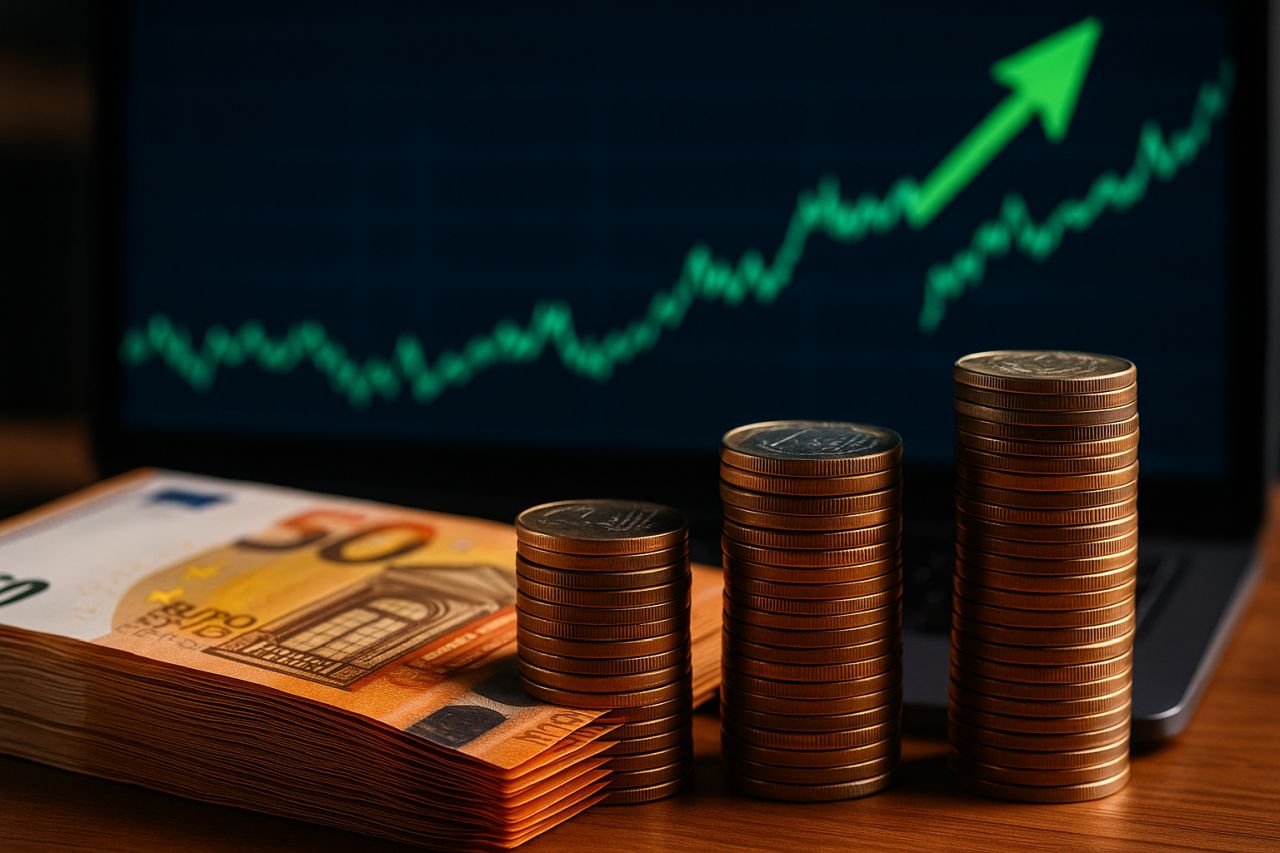 Alcune banconote da 50 euro e delle monetine in euro su un piano. Sullo sfondo una freccia verde verso l'alto
