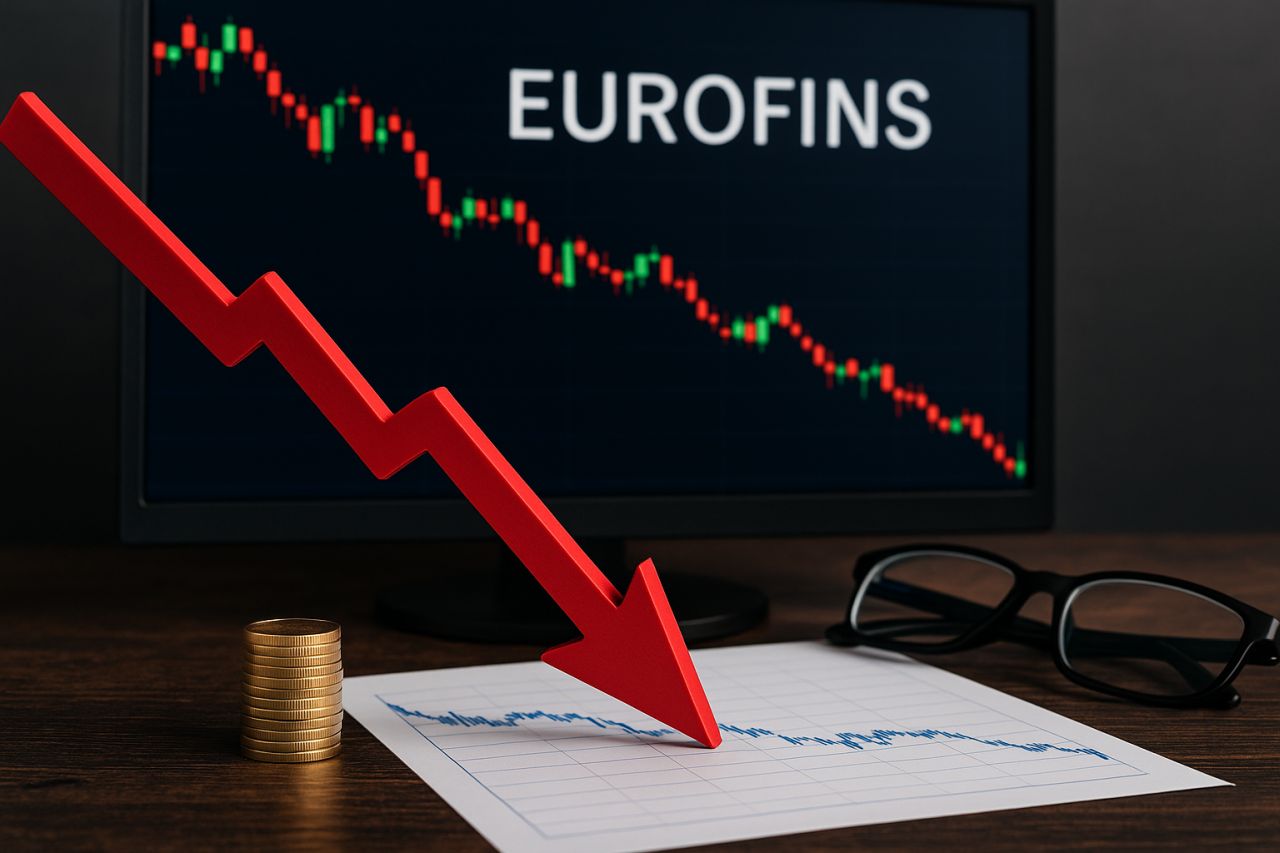 Un grafico a candele con la scritta Eurofins. In primo piano una freccia rossa verso il basso con la punta che tocca un foglio