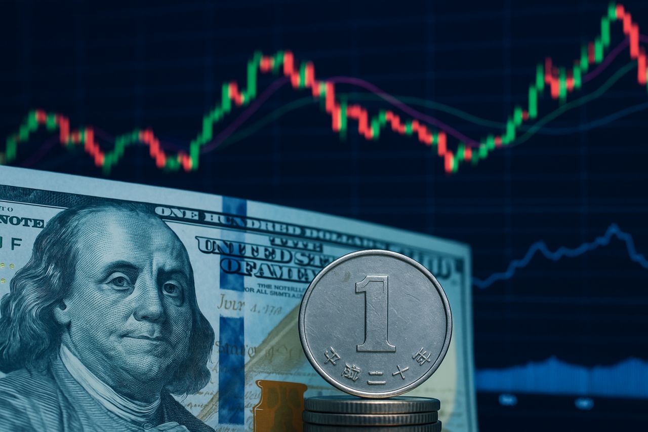 Una banconota con davanti una monetina in JPY. Sullo sfondo un grafico a candele