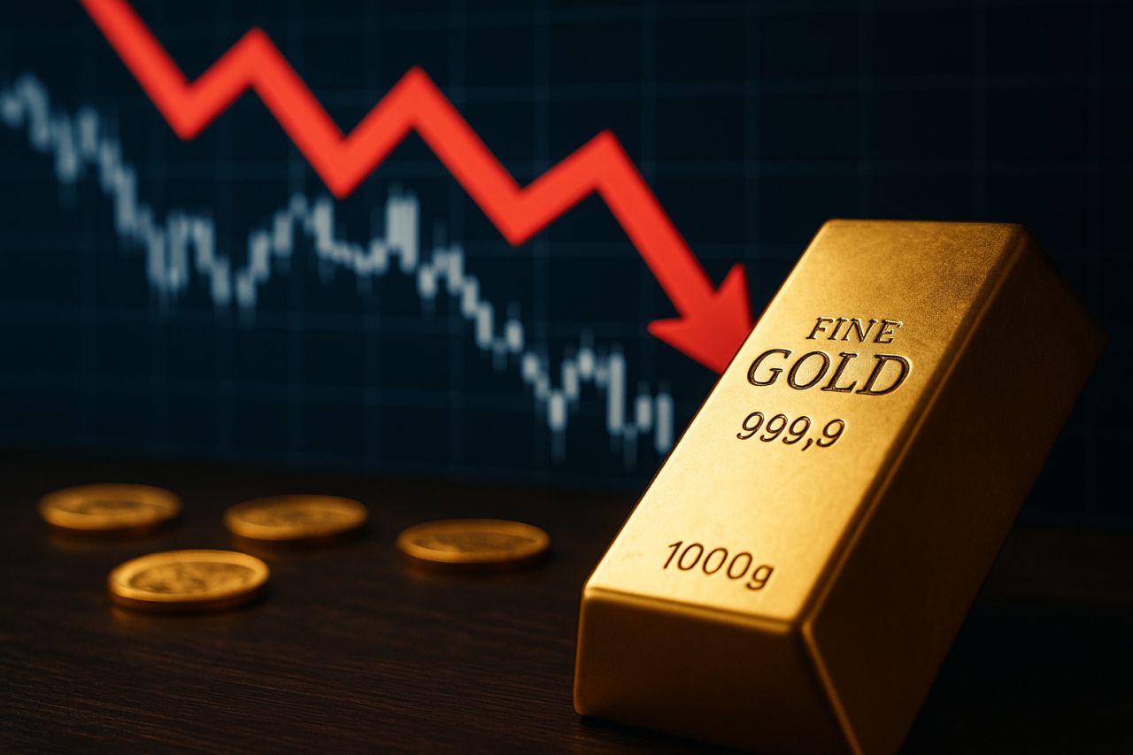 Un lingotto d'oro su un piano con delle monetine. Sullo sfondo un grafico finanziario in discesa
