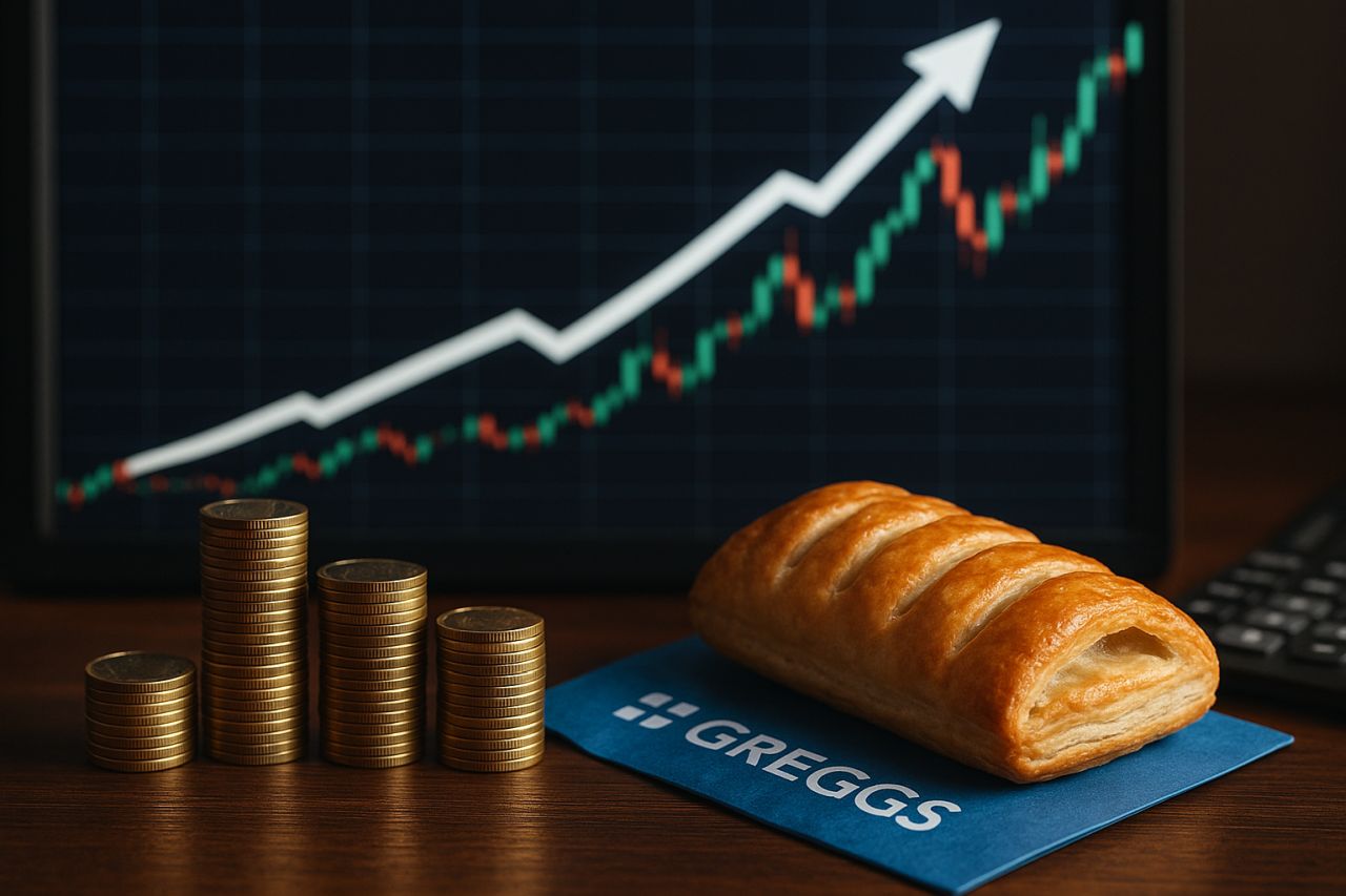 una brioche su un tovagliolo con la scritta Greggs e un grafico finanziario con una freccia verso l'alto sullo sfondo