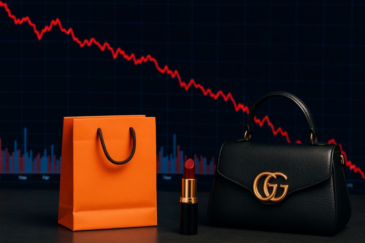Una borsa con il marchio di Gucci, con un rossetto e una busta arancione sullo stesso piano. Sullo sfondo un grafico finanziario in discesa