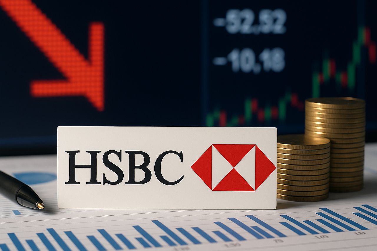 Scritta HSBC su un segnaposto e una freccia rossa in discesa sullo sfondo