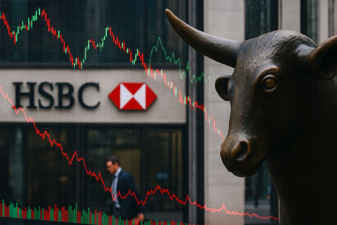 La statua di un toro in primo piano con una vetrata alle sue spalle su cui emergono die grafici a candele e il logo di HSBC