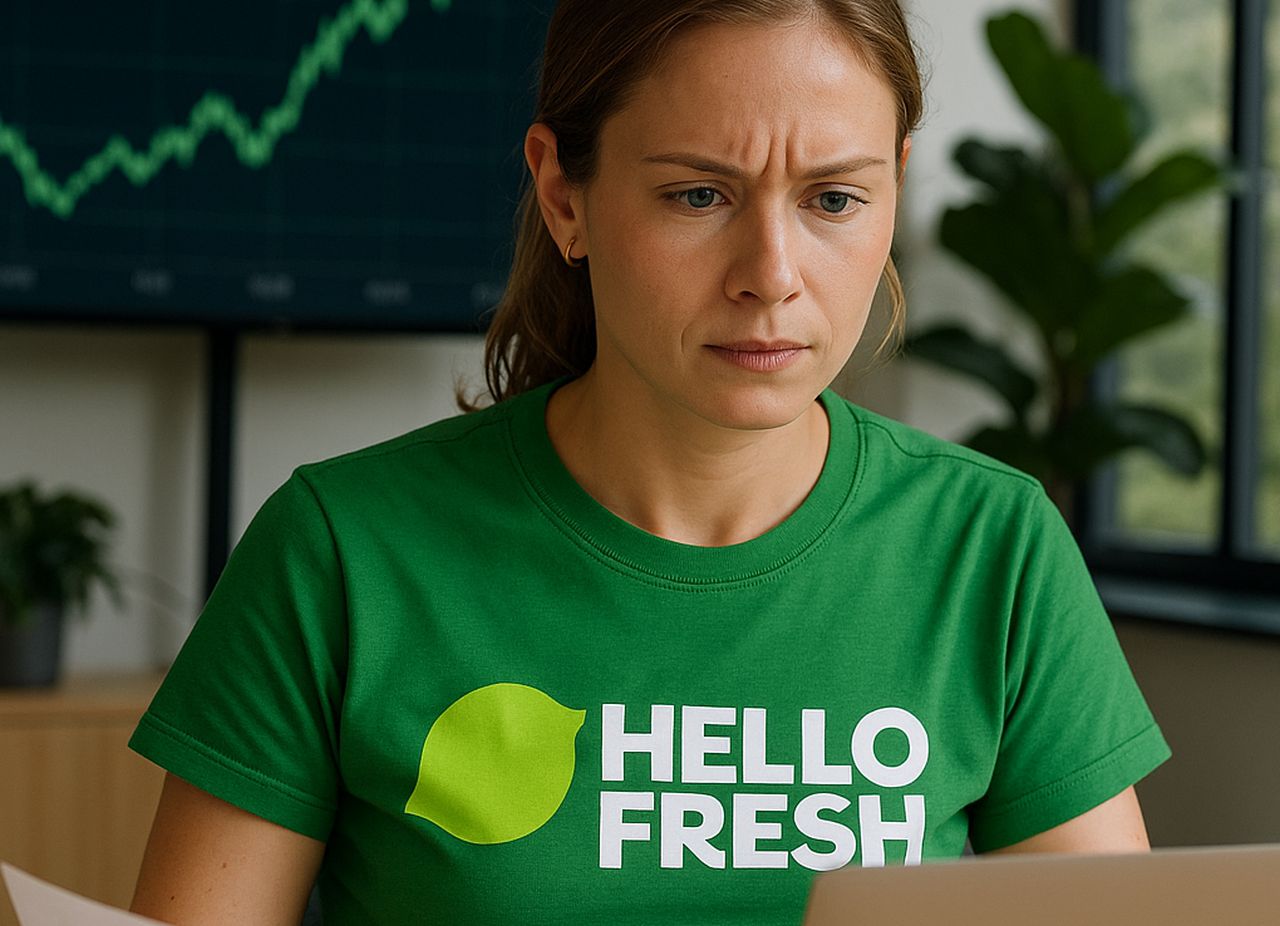 una donna con una maglietta verde con logo e scritta Hello Fresh. Alle sue spalle uno schermo con un grafico finanziario