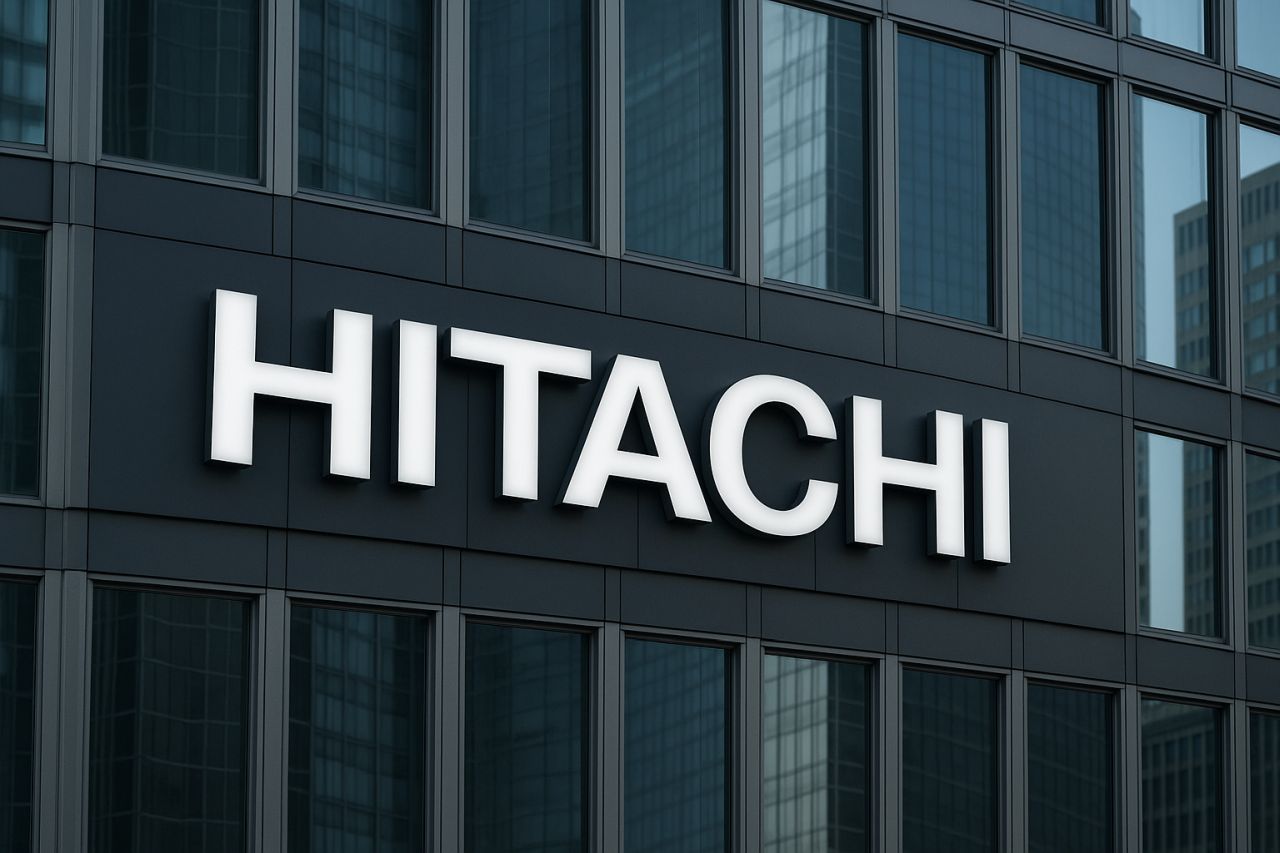 la scritta Hitachi in grande sulla vetrata di un palazzo