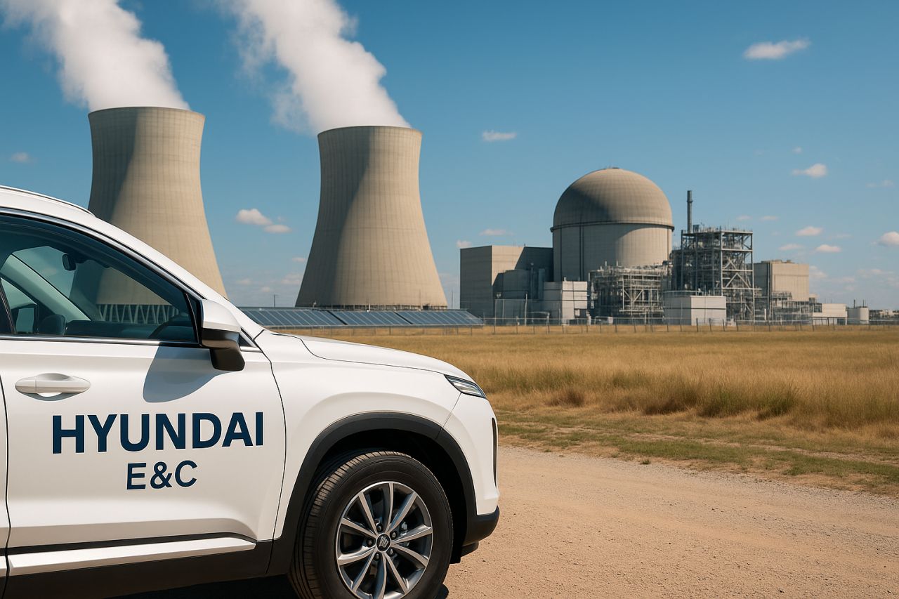 Un'auto con la scritta Hyundai sullo sportello. Sullo sfondo un polo industriale