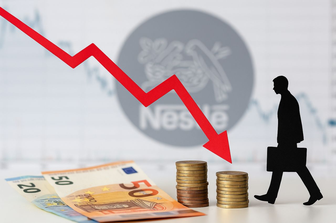 La sagoma di una persona con una ventiquattrore che cammina. Davanti alla sagoma delle monete e banconote in euro in grande. Una freccia rossa in discesa in primo piano e il logo di Nestlé sullo sfondo