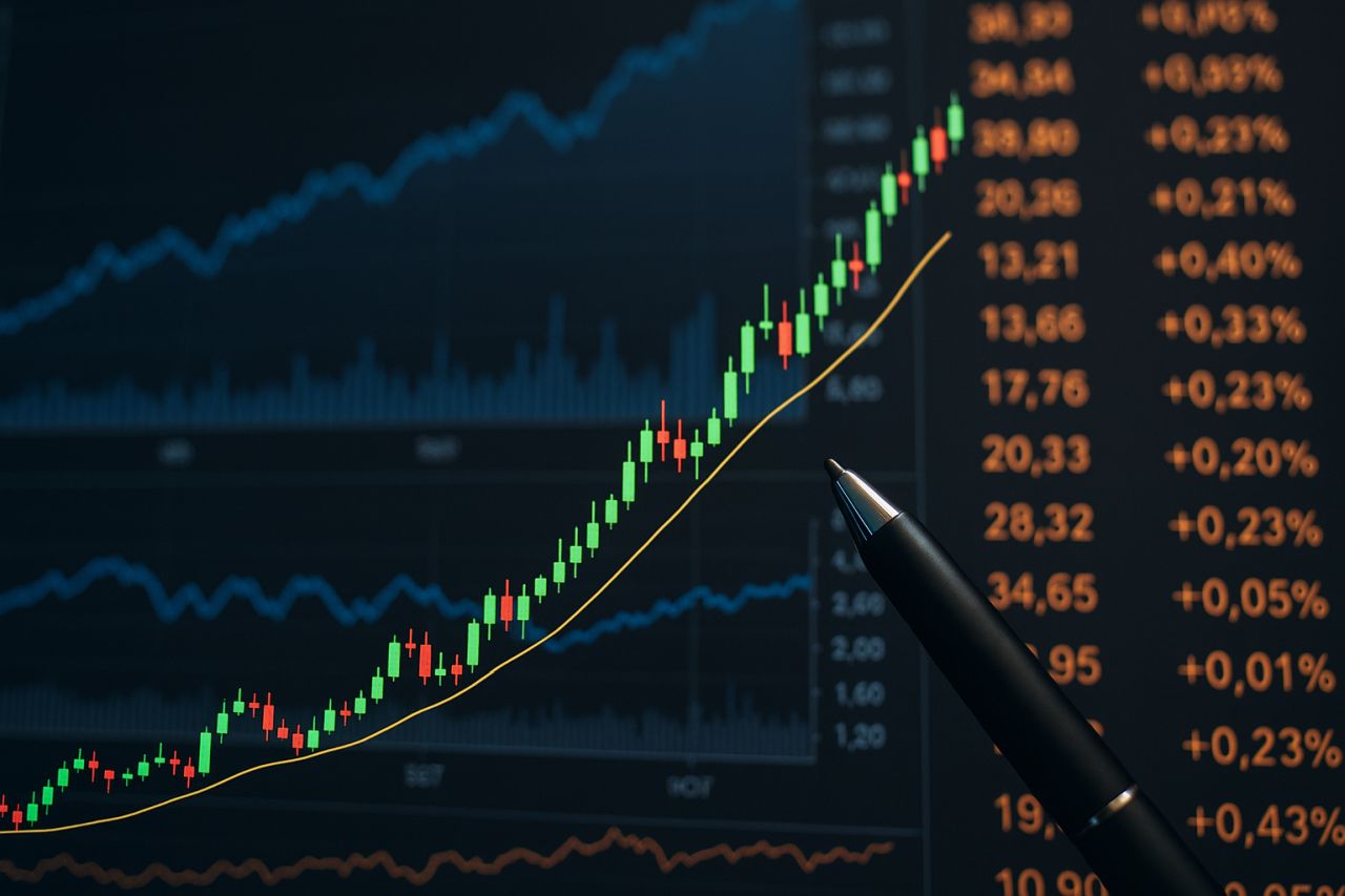 Un grafico a candele in crescita e una penna biro in primo piano