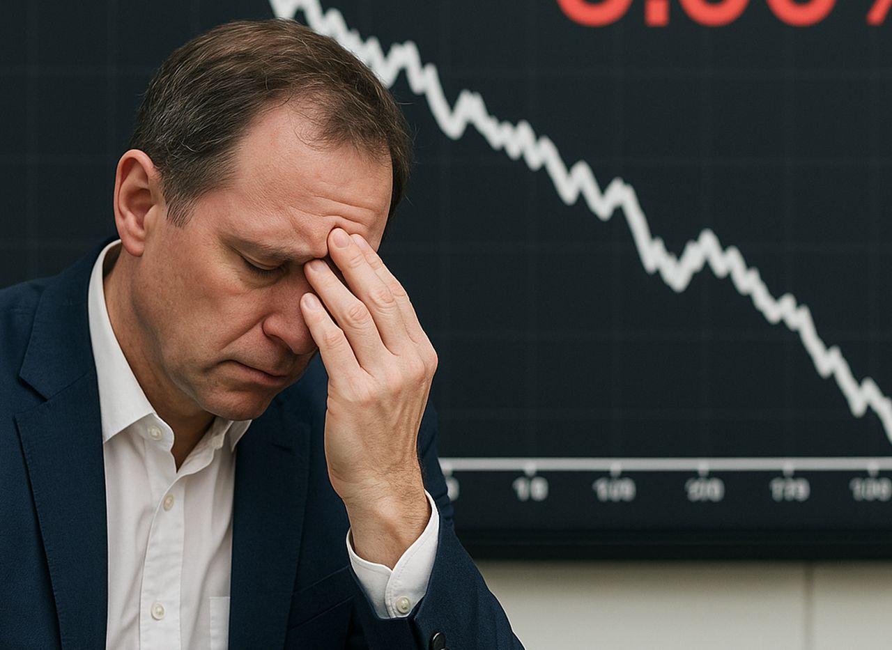 primo piano di un uomo di mezza età con la mano sulla fronte e l'aria preoccupata. Sullo sfondo un grafico finanziario in discesa
