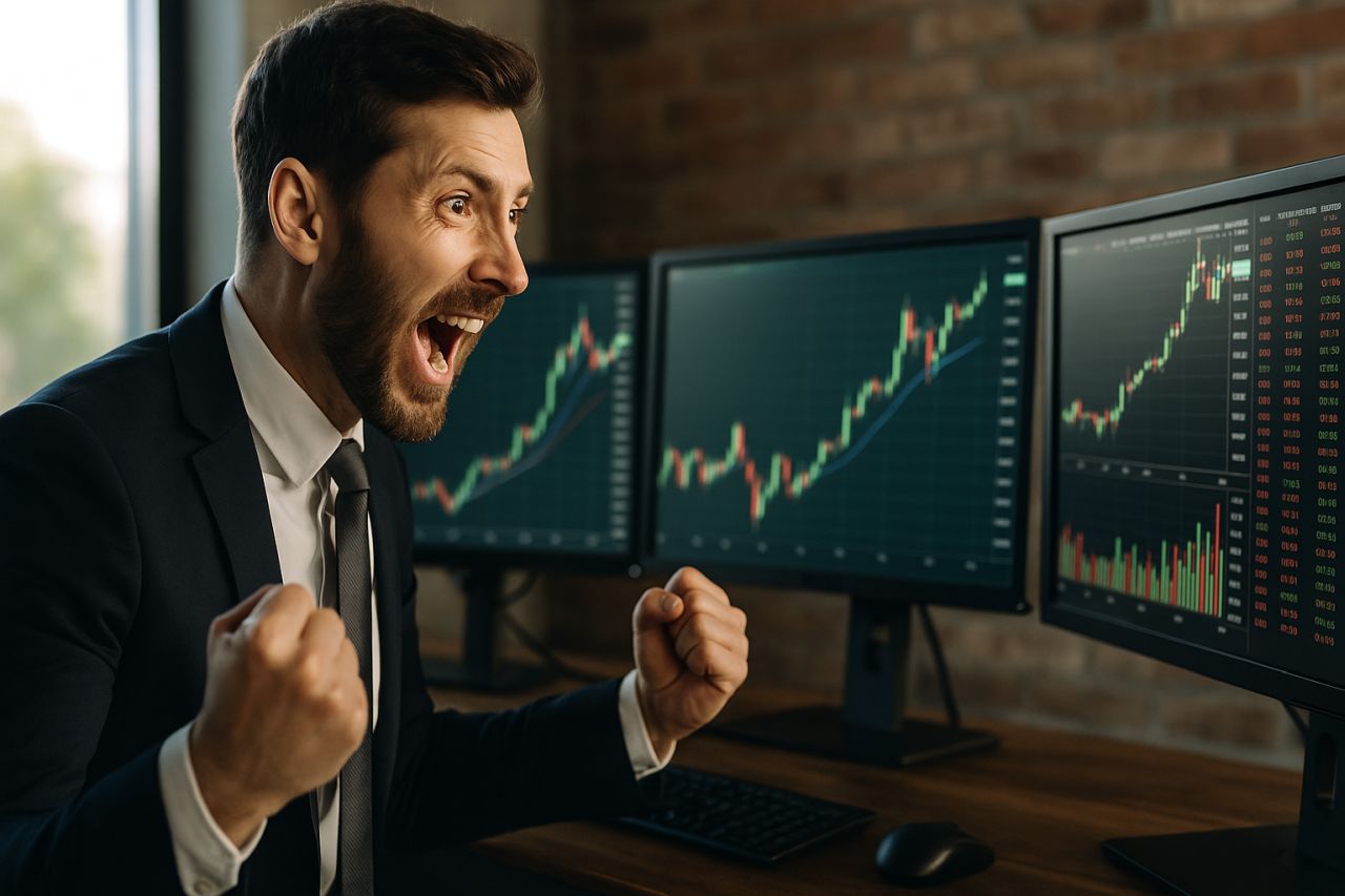 Un trader che esulta osservando dei grafici finanziari su alcuni schermi