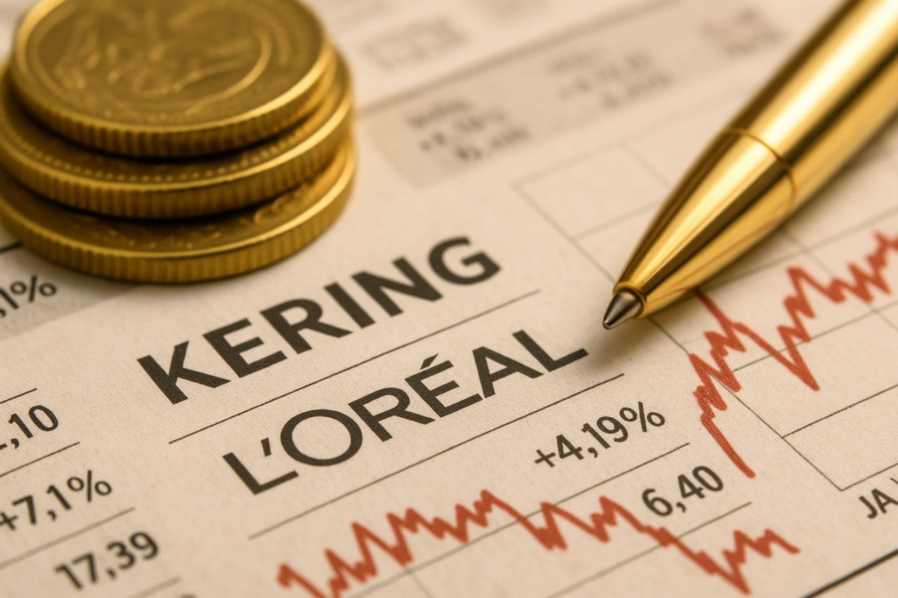 Un foglio di giornale con le scritte Kering e L'Oreal in grande. La punta di una penna poggiata sul foglio, e alcune monetine