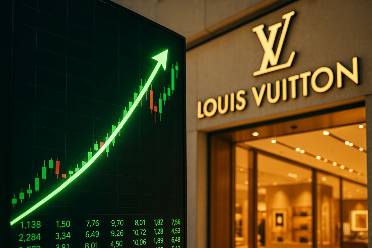 La scritta Louis Vuitton sull'entrata di un punto vendita. A sinistra in rilievo uno schermo con un grafico finanziario e una freccia verde verso l'alto