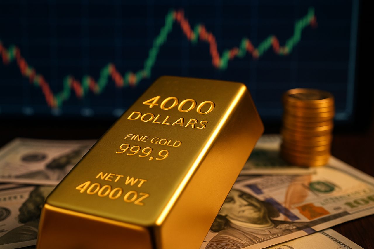 un lingotto d'oro poggiato su alcune banconote con un grafico a candele sullo sfondo