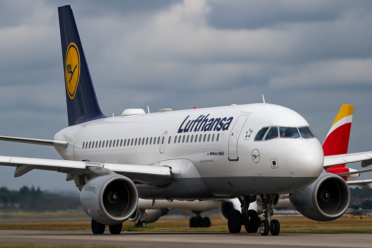 Un aereo di linea Lufthansa sulla pista di atterraggio