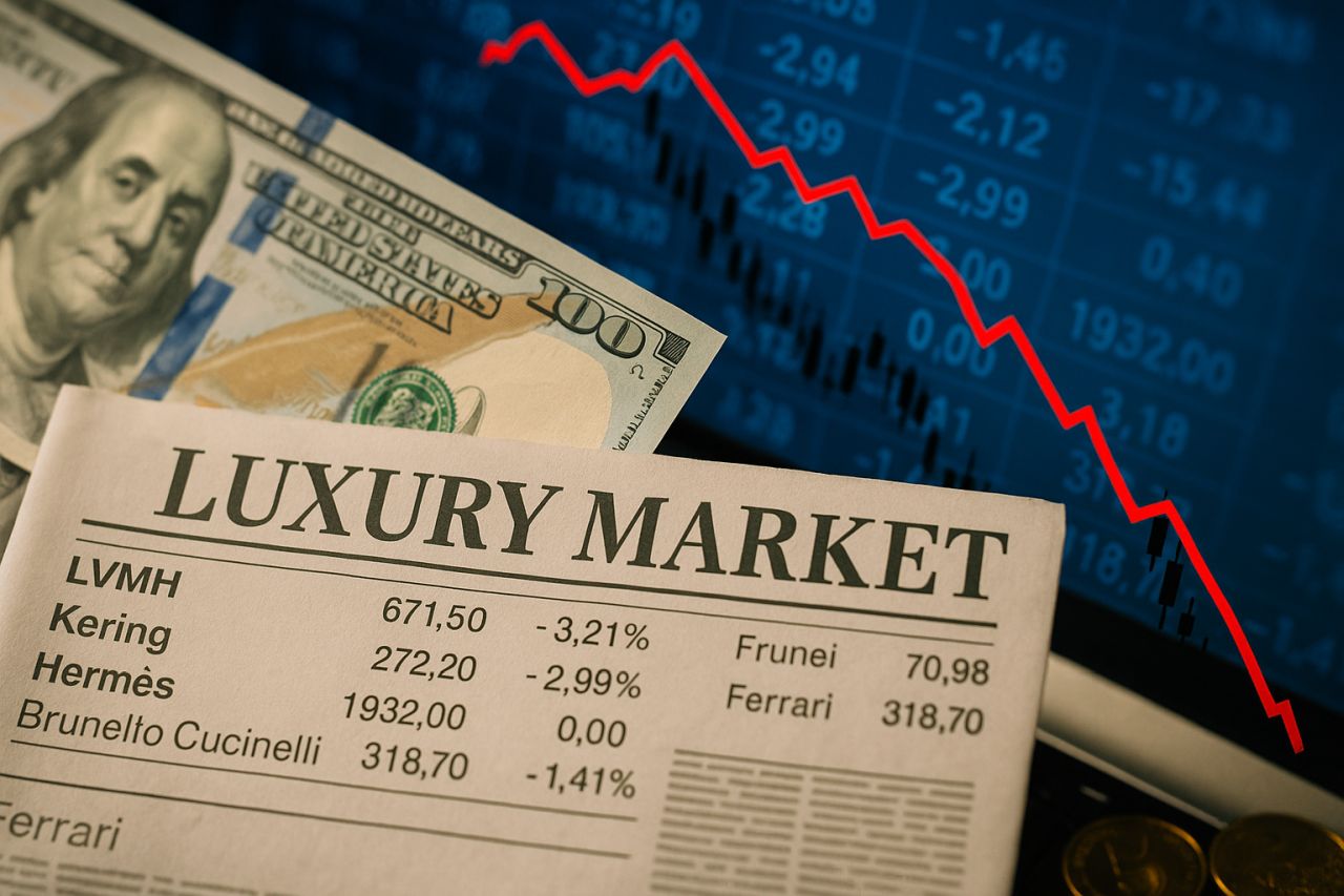 Un foglio con la scritta Luxury Market in grande. Sullo sfondo una banconota in dollari e un grafico finanziario in discesa ripida