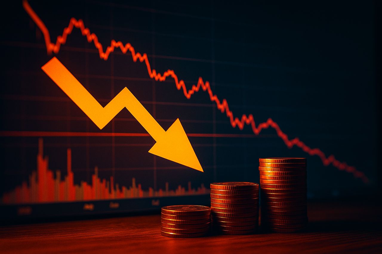 Un grafico finanziario in rosso con una freccia gialla verso il basso