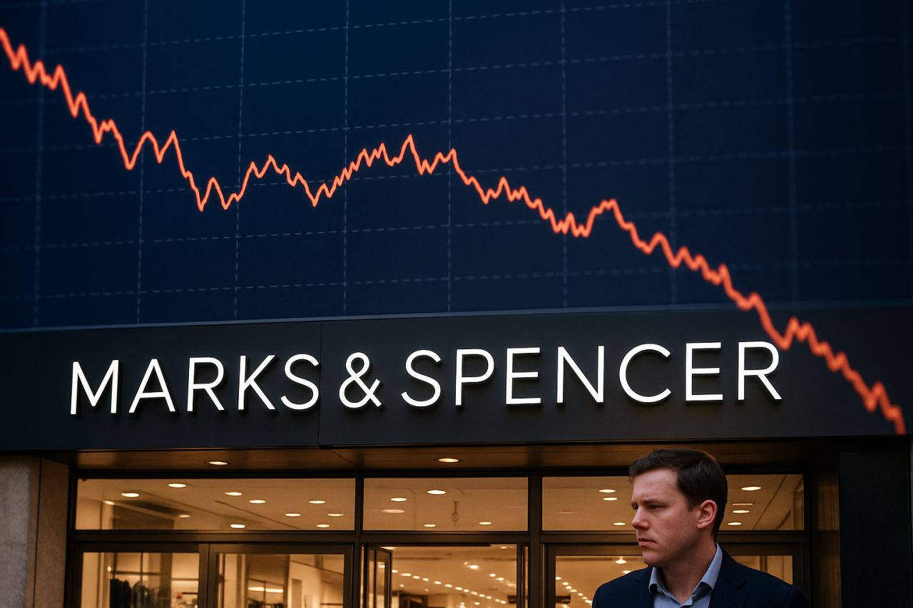 La scritta Marks & Spencer sull'entrata di un punto vendita. In alto un grafico finanziario in discesa