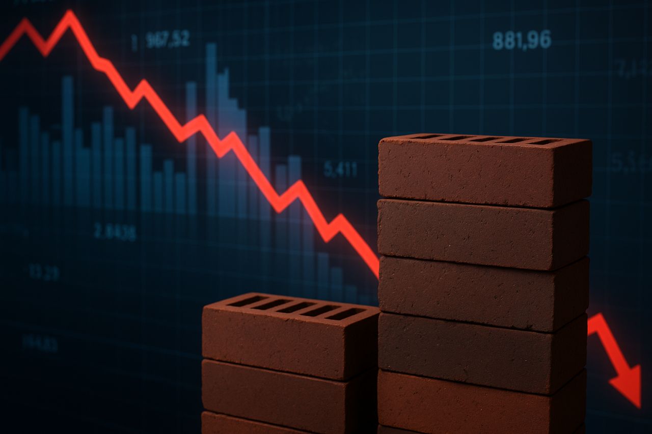 Alcuni mattoncini uno sull'altro e un grafico finanziario in discesa sullo sfondo