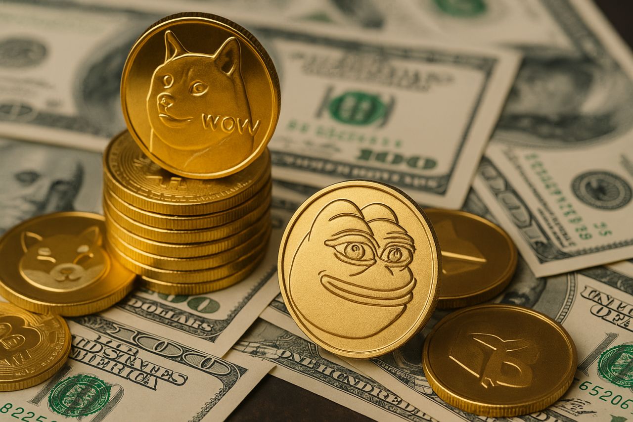 Alcune monete disposte in ordine sparso su alcune banconote. Le monete mostrano i simboli di alcune memecoin, mentre le banconote sono in dollari