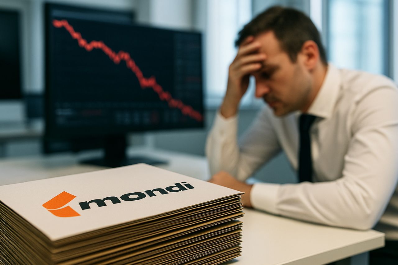 un uomo seduto a una scrivania con un grafico in rosso sullo schermo del pc e la scritta monda su alcuni bigliettini