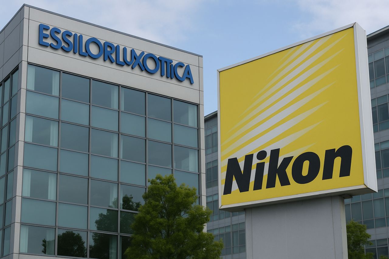 Un totem pubblicitario con la scritta Nikon e un palazzo con in cima la scritta Essilorluxottica
