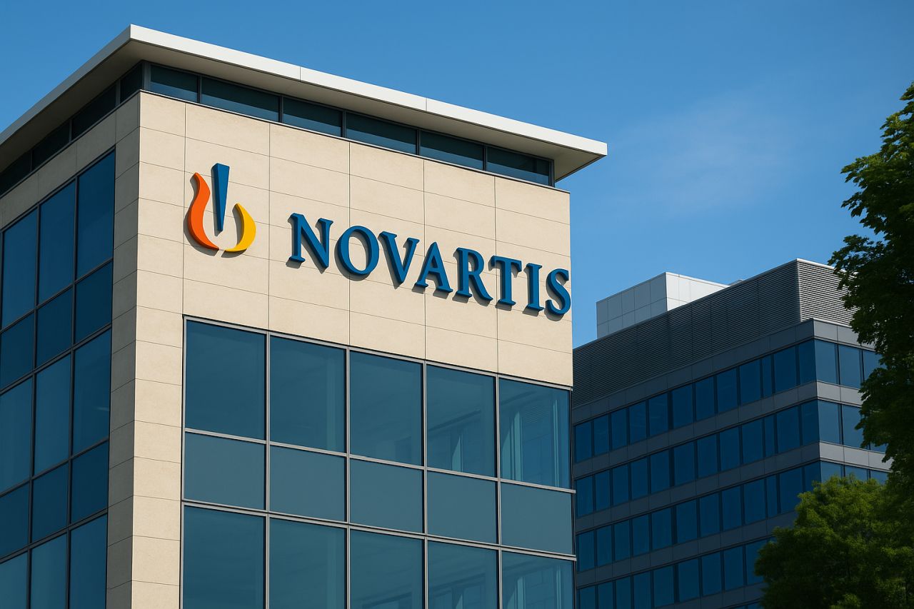 UN edificio con logo e scritta Novartis in cima