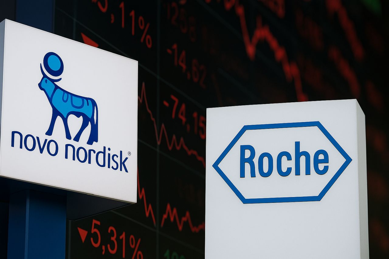 Il logo di Novo Nordisk e quello di Roche con un grafico finanziario in toni di rosso sullo sfondo