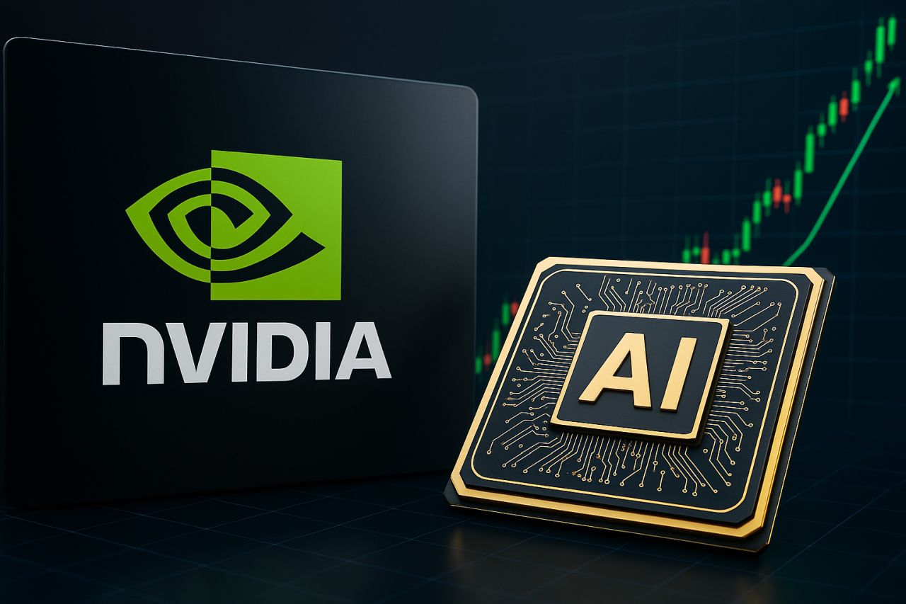 Il logo Nvidia con accanto un chip con la scritta AI e sullo sfondo un grafico a candele