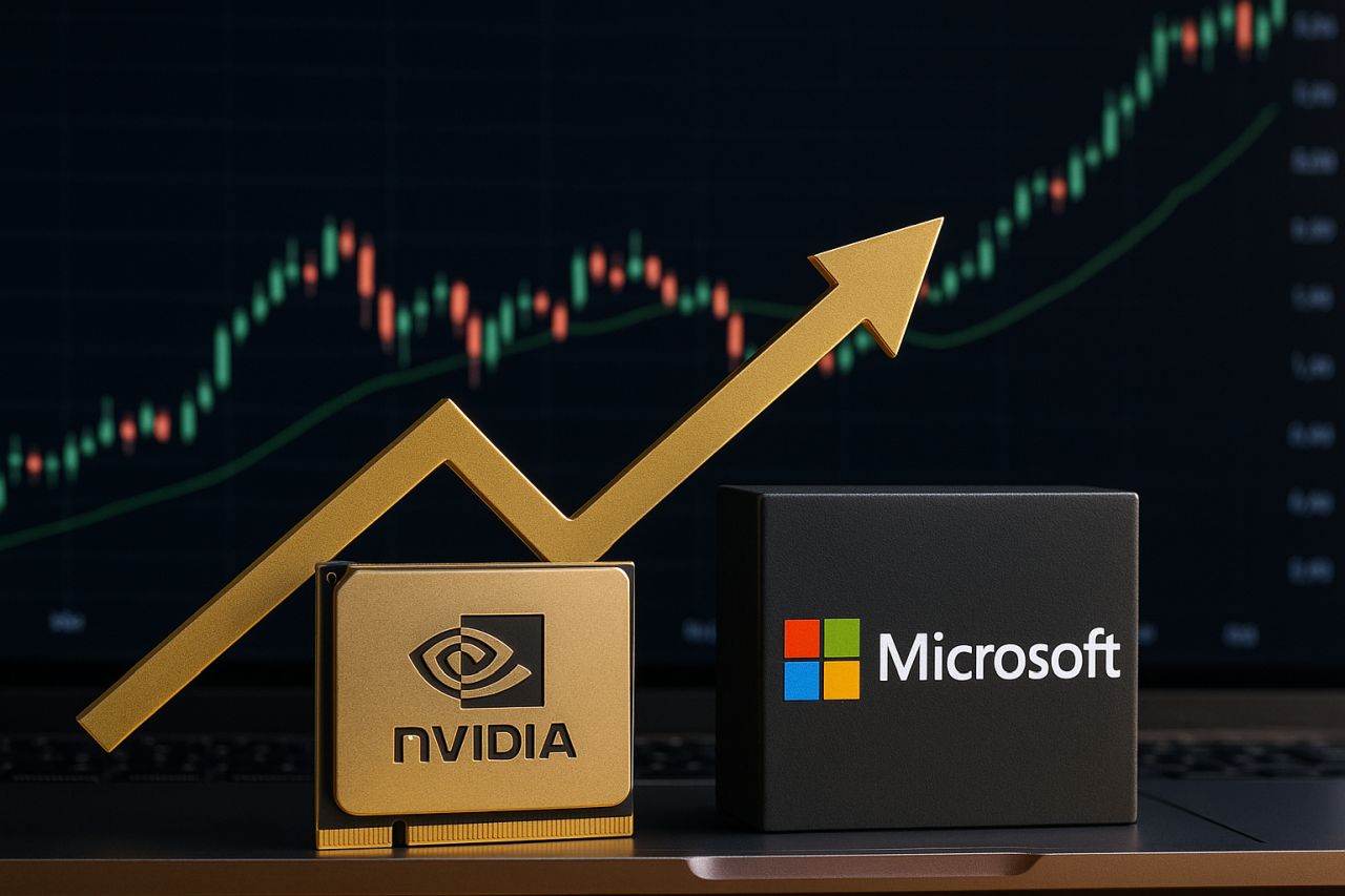 Il logo di Nvidia e quello di Microsoft in primo piano. Un grafico a candele con una freccia verso l'alto sullo sfondo