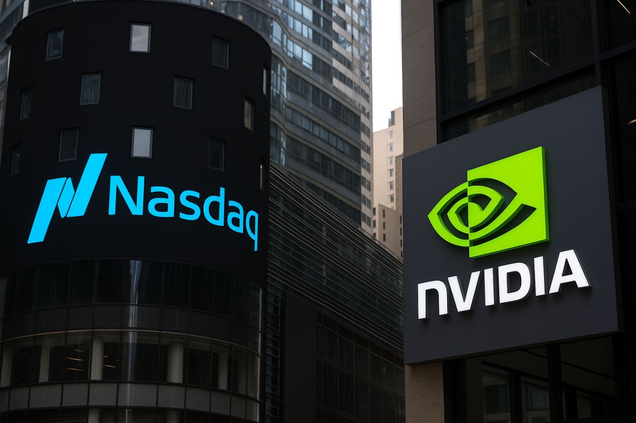 La scritta Nasdaq su un palazzo a sinistra e la scritta Nvidia su un palazzo a destra