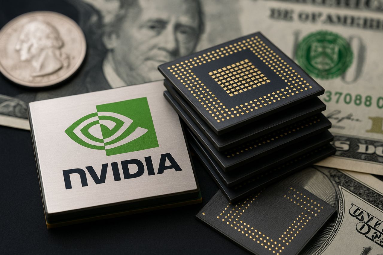 dei chip poggiati su alcune banconote in dollari e uno di essi con il logo Nvidia